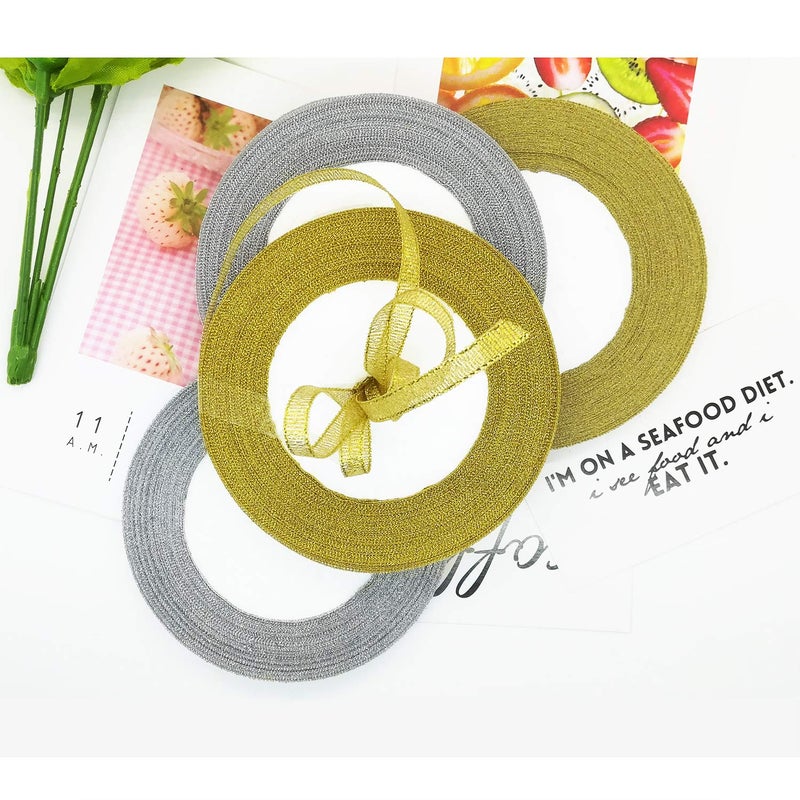 Oubaka 4 Roll Glitter Metallic Ribbon Gold Silver Glitter Ribbon for Gift Crafters Wedding Party Birthday Wrap Hair Bows Floral Projects Wrapping Decorations DIY Crafts Arts(1/4inx22m) - Image 4
